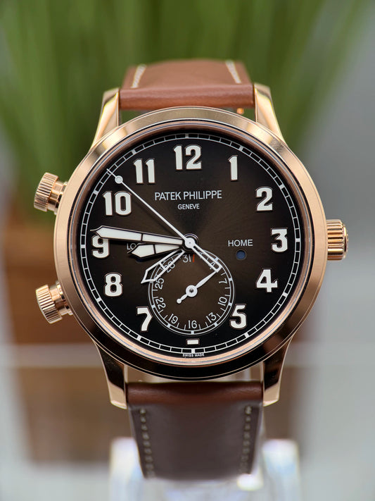 Patek Philippe Complications Calatrava Pilot Travel Time Brown Sunburst Dial on Strap 5524R-001 Complete